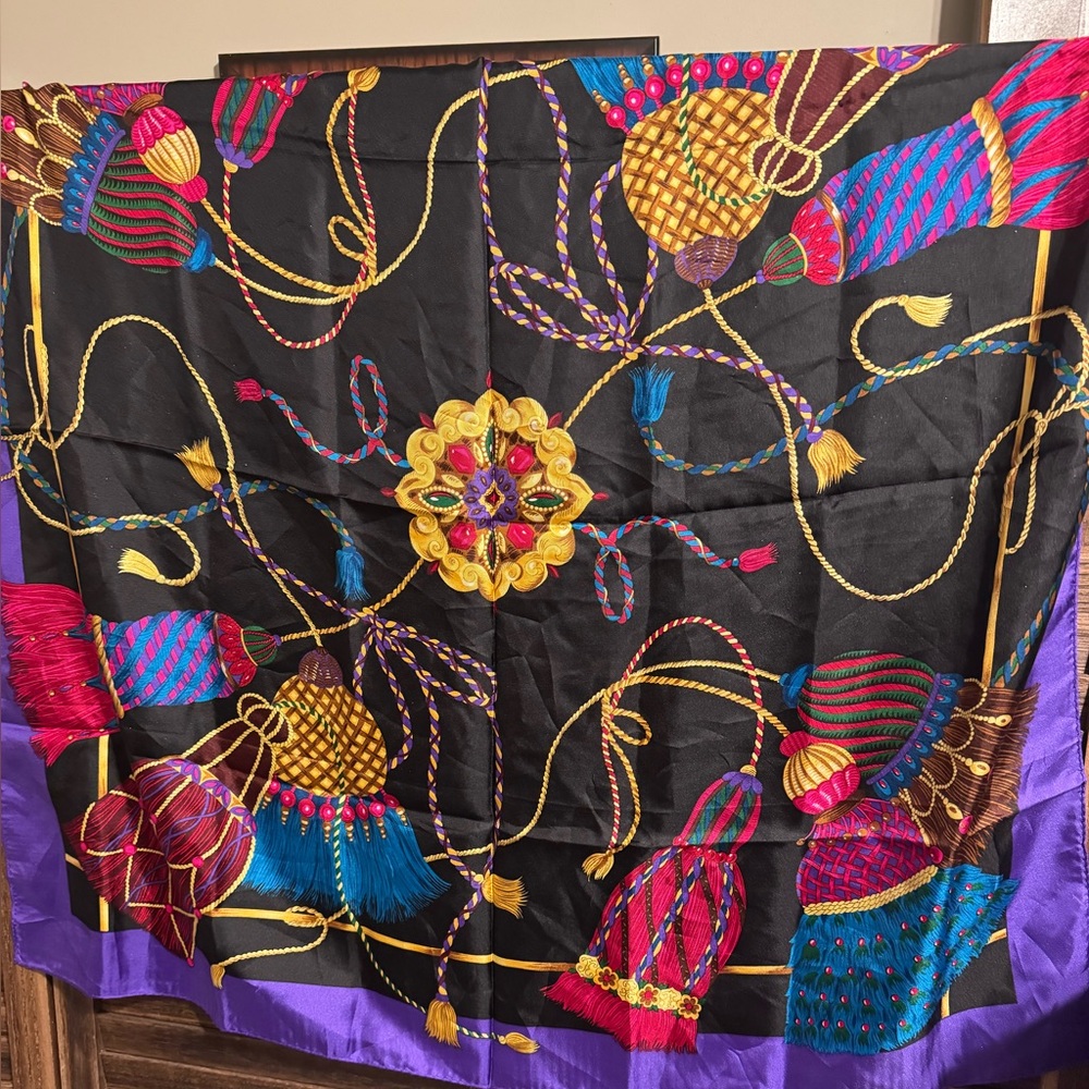Vintage Echo Silk  Scarf with Black and Purple Accents